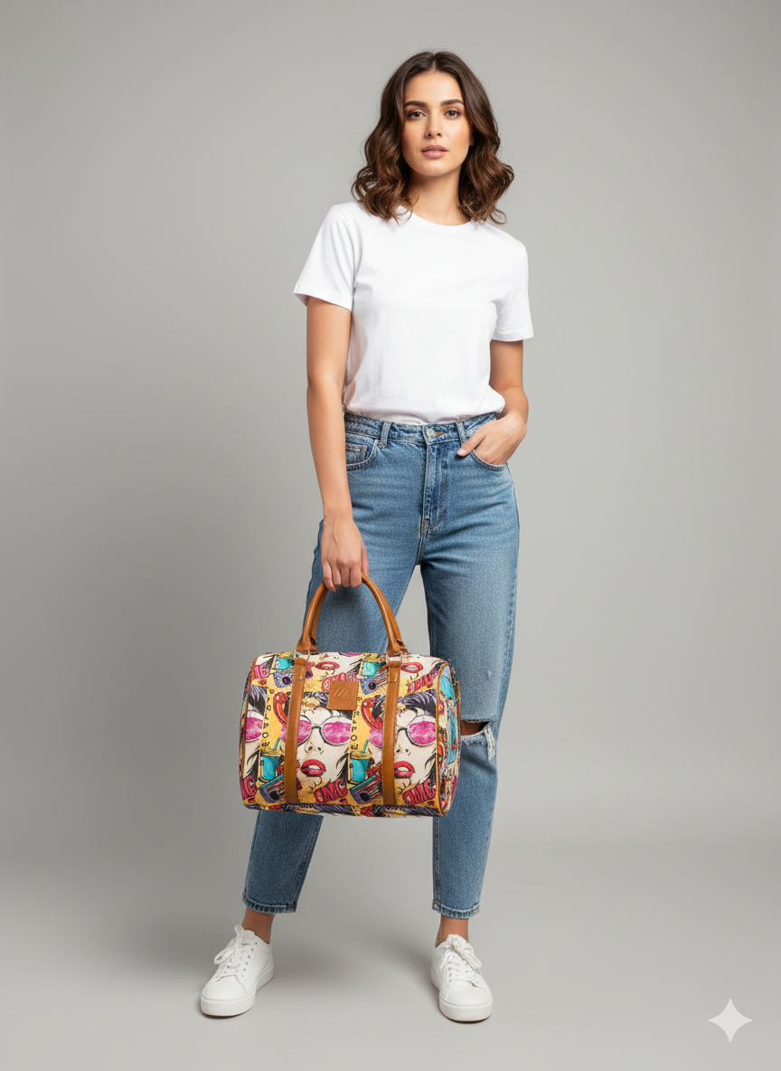 Cool Girl Power Printed Denim Duffle Bag – Fashionable & Spacious - Image 2